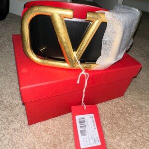 Valentino Red and Black Leather Belt with Gold V Buckle